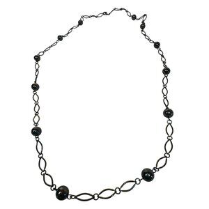 Black Beaded Chain Necklace With Oval Links & Lobster Clasp Closure Gunmetal